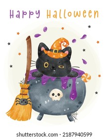 cute funny black kitten cat in violet cauldron pot Halloween with witch broom watercolor animal character vector illustration