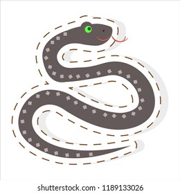 Cute funny black viper with with protruding tongue snake vector flat cartoon sticker or icon outlined with dotted line isolated on white. Tropical exotic reptile animal for game counters, price tags