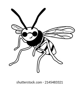 cute funny black and white cartoon vector character wasp illustration for coloring art	