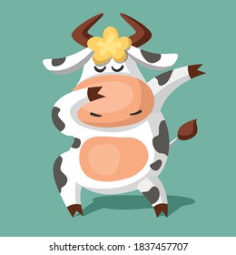 A cute funny black and white spotted cow in a dabbing pose. Cartoon vector illustration