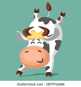 A cute funny black and white spotted cow is having fun and is standing upside down. Cartoon vector illustration