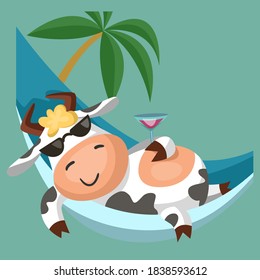 A cute funny black and white spotted сow relaxes in a hammock. Cartoon vector illustration
