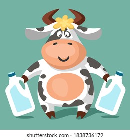 A cute funny black and white spotted сow with two large bottles of milk. Cartoon vector illustration