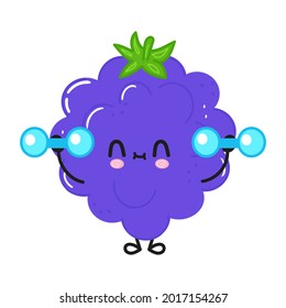 Cute funny blackberry  character with dumbbells. Vector hand drawn cartoon kawaii character illustration icon. Isolated on white background. Blackberry character gym concept