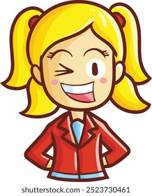 Cute and funny blonde girl with red uniform cartoon illustration