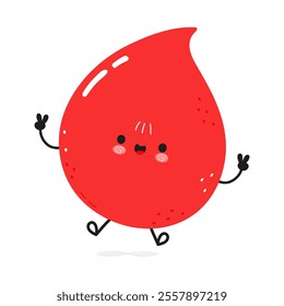 Cute funny Blood drop jumping character. Vector hand drawn cartoon kawaii character illustration icon. Isolated on white background. Happy Blood drop character concept
