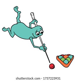 cute funny blue alien playing pool, isolated vector image, on a white background