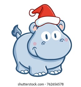 Cute and funny blue baby rhino wearing Santa's hat for Christmas and smiling - vector.