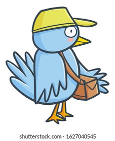 Cute and funny blue bird character being a postman