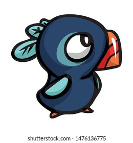 Cute funny blue bird with different emotions with a red beak.