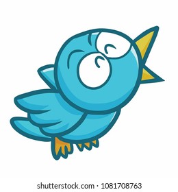 Cute and funny blue bird singing happily and flying - vector.