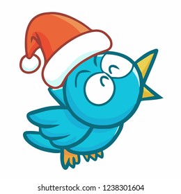 Cute and funny blue bird wearing Santa's hat for christmas singing happily and flying - vector.