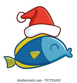 Cute and funny blue fish wearing Santa's hat for Christmas and smiling - vector.