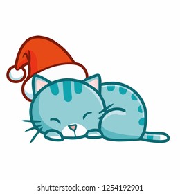 Cute and funny blue green cat wearing Santa's hat for christmas sleeping calmly - vector