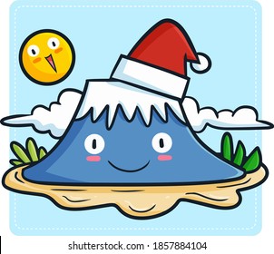 Cute and funny blue mountain character wearing Santa's hat for Christmas