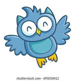 Cute and funny blue owl smiling and flying happily - vector.