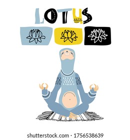 cute funny blue sloth practiced yoga exercises on home mat in lotus pose, lily flowers icons, color vector illustration isolated on white background in doodle, scandinavian & hand drawn style