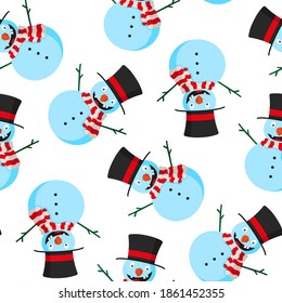 Cute funny blue snowmen in a hat and with a scarf isolated on a white background. Christmas festive seamless pattern. Vector flat graphic hand drawn illustration. Texture.