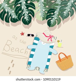 Cute funny blue teddy bear on the summer beach, illustration vector by freehand doodle comic art