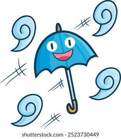 Cute and funny blue umbrella flying with wind cartoon illustration