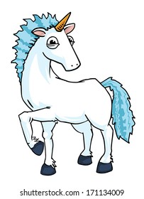 Cute funny blue unicorn, vector illustration