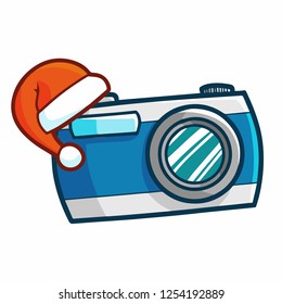 Cute and funny blue vintage camera wearing Santa's hat for christmas - vector.