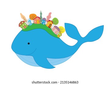 Cute funny blue whale cartoon kid with buildings and trees oh the back isolated icon. Vector illustration.