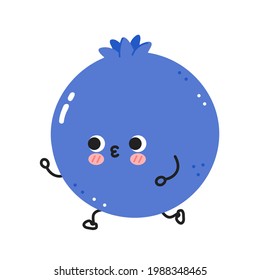 Cute funny blueberry berry jogging run. Vector flat line cartoon kawaii character illustration icon. Isolated on white background. Blueberry berry workout,sport, fitness,cardio run character concept