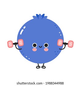 Cute funny blueberry berry make gym with dumbbells. Vector flat line cartoon kawaii character illustration icon. Isolated on white background. Blueberry berry workout cartoon character concept