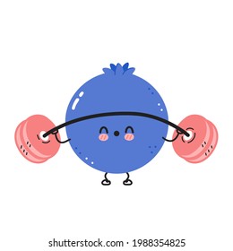 Cute funny blueberry berry make gym with barbell. Vector flat line cartoon kawaii character illustration icon. Isolated on white background. Blueberry berry workout, sport, fitness character concept