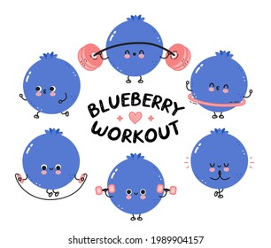 Bonita berry de arándano azul para hacer colección de juegos de gimnasia. Dibujo de línea plana vectorial kawaii icono de ilustración de personaje. Aislado sobre fondo blanco. Entrenamiento con arándanos, fitness, concepto de personaje deportivo