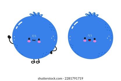 Un gracioso personaje de arándano azul. Caricatura dibujada a mano del vector icono de ilustración del personaje kawaii. Aislado sobre fondo blanco. Concepto del personaje de la fruta azul