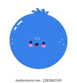 Un gracioso personaje de arándano azul. Caricatura dibujada a mano del vector icono de ilustración del personaje kawaii. Aislado sobre fondo blanco. Concepto del personaje de la fruta azul