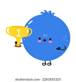 Cute divertido Blueberry sostiene la copa de trofeo de oro. Caricatura dibujada a mano del vector icono de ilustración del personaje kawaii. Fondo blanco aislado. Feliz Blueberry con la copa del trofeo ganador