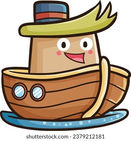 Cute and funny boat cartoon character smiling happily