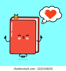 Cute funny book doing yoga with speech bubble. Vector hand drawn cartoon kawaii character illustration icon. Isolated on blue background. Happy book character concept