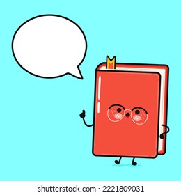 Un libro gracioso que hace yoga con burbuja de habla. Caricatura dibujada a mano del vector icono de ilustración del personaje kawaii. Aislado sobre fondo azul. Concepto de personaje de libro feliz