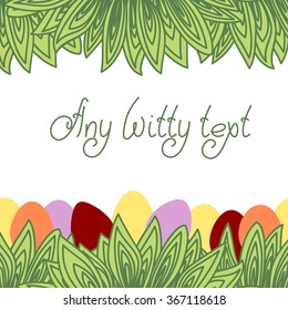 Cute funny border frame with coloured eggs hidden in leaves isolated on the white (transparent) background. Easter holiday symbol. Empty space for text. Vector illustration eps 