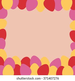 Cute funny border frame with coloured eggs isolated on the pink canvas background. Easter holiday symbol. Empty space for text. Vector illustration eps