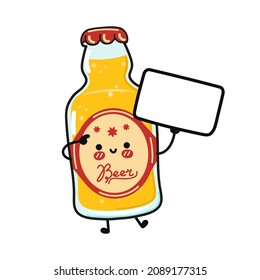 Cute funny bottle of beer with poster. Vector hand drawn cartoon kawaii character illustration icon. Isolated on white background. Bottle of beer think concept