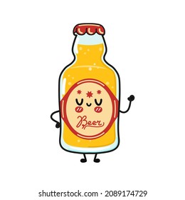 Cute funny bottle of beer waving hand character. Vector hand drawn cartoon kawaii character illustration icon. Isolated on white background. Bottle of beer character concept
