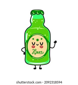 Cute funny bottle of beer waving hand character. Vector hand drawn cartoon kawaii character illustration icon. Isolated on white background. Bottle of beer character concept