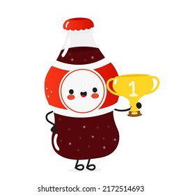 Cute funny bottle cold drink cola gold trophy cup. Vector hand drawn cartoon kawaii illustration icon. Isolated background. Bottle cold drink cola winner trophy cup