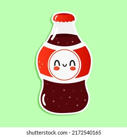 Cute funny bottle cold drink cola sticker character. Vector hand drawn cartoon kawaii character illustration icon. Isolated white background. Happy bottle cold drink cola