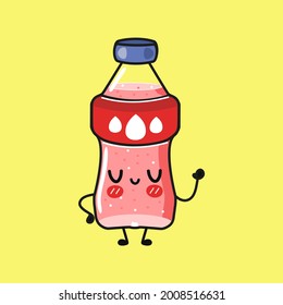 Cute funny bottle of pink soda character. Vector hand drawn cartoon kawaii character illustration icon. Isolated on yellow background. Bottle of pink soda character concept
