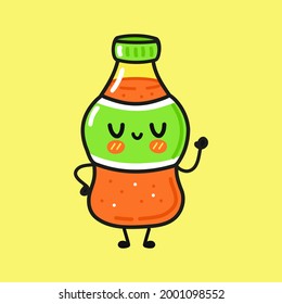 Cute funny bottle of soda character. Vector hand drawn cartoon kawaii character illustration icon. Isolated on yellow background. Bottle of soda character concept