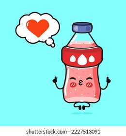 Cute funny bottle of soda doing yoga with speech bubble. Vector hand drawn cartoon kawaii character illustration icon. Isolated on blue background. Bottle of soda in love character concept