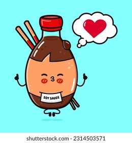 Cute funny Bottle of soy sauce doing yoga with speech bubble. Vector hand drawn cartoon kawaii character illustration icon. Isolated on blue background. Bottle of soy sauce in love character concept