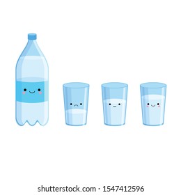 Cute funny bottle of water, glass of water with face, vector illustration