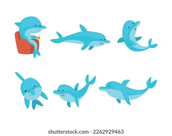 Cute lustige Flaschenose Delphin Schwimmen und Springen Set Cartoon Vektorgrafik